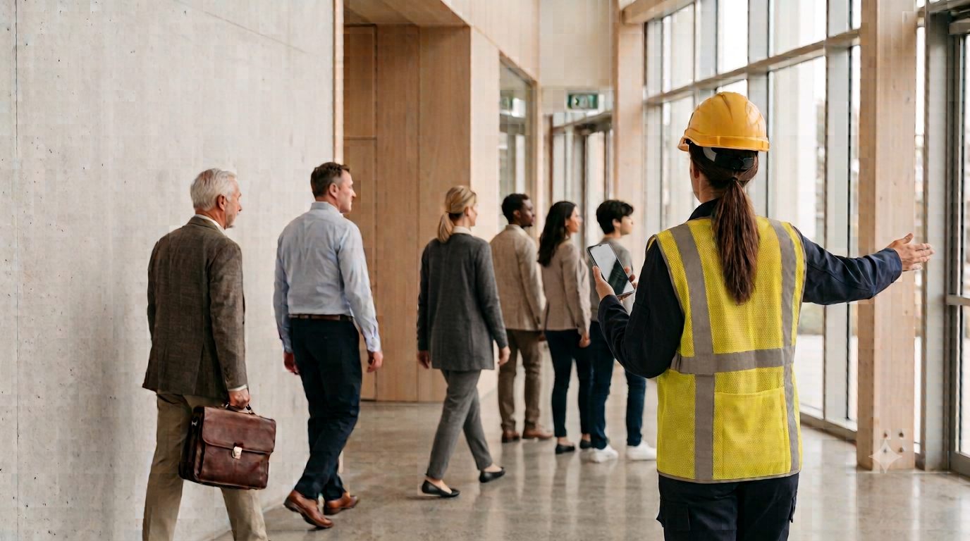 Wardens in high-visibility vests directing people toward an exit during an evacuation.