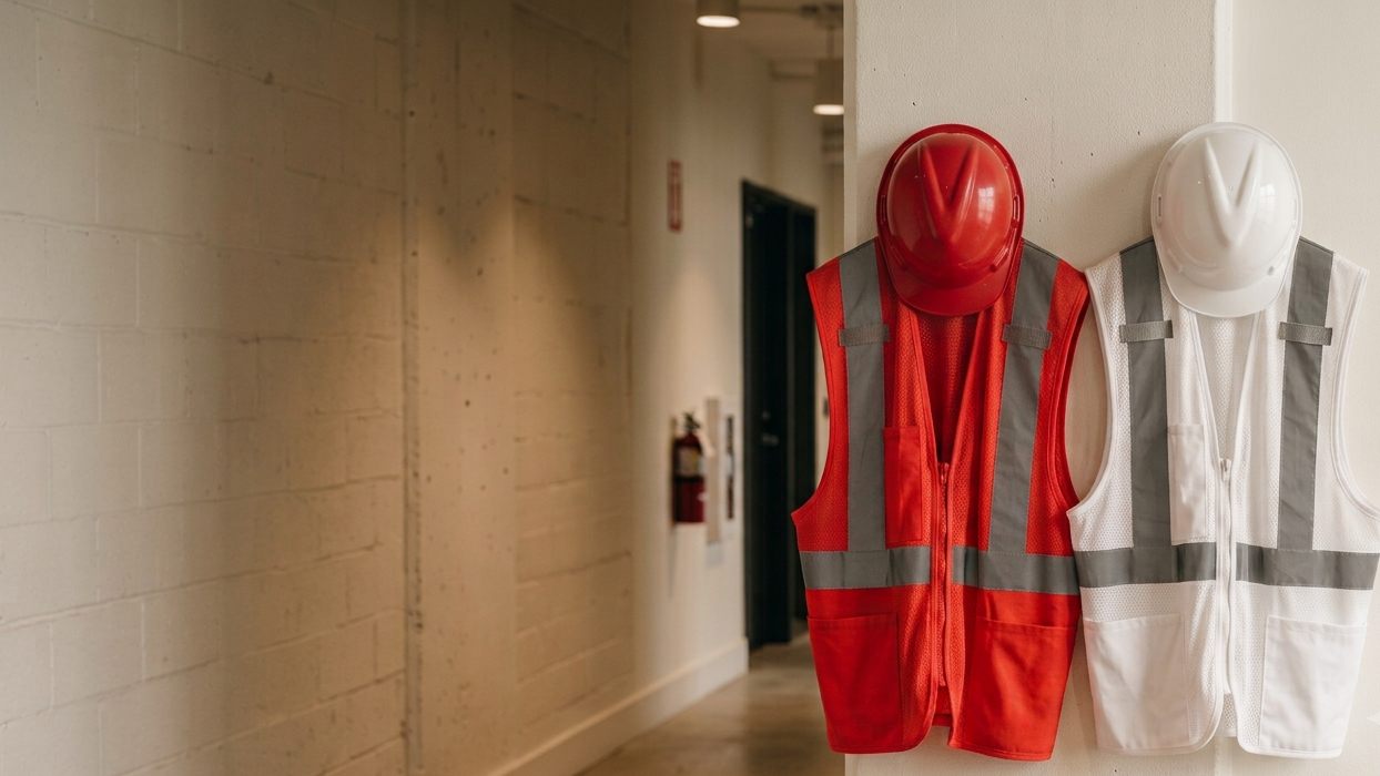 Two warden vests and hard hats hanging ready side by side in a building corridor: red for a warden, white for a chief warden.