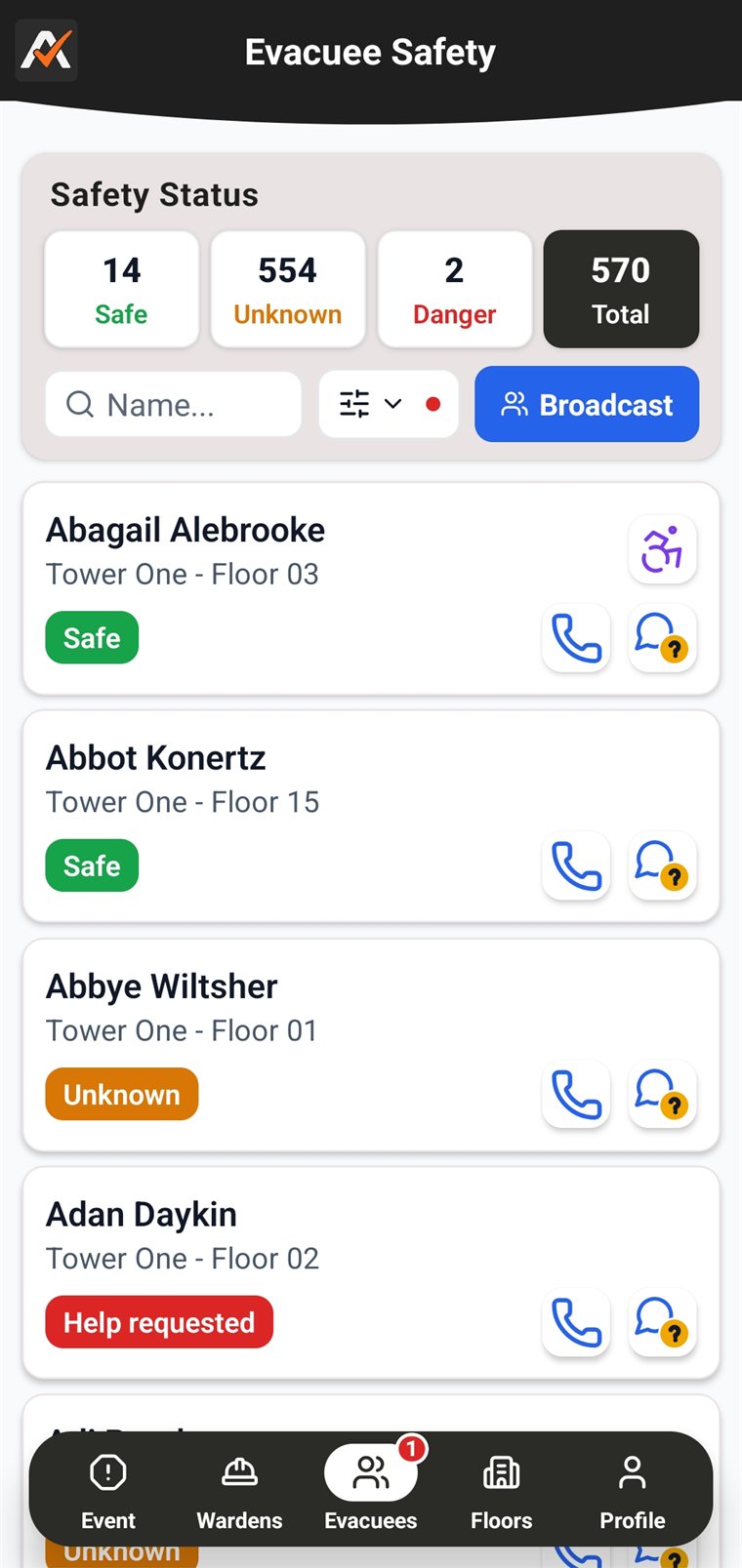 Emredi Respond app shown with sample data: the Evacuee Safety list showing 570 occupants with Safe, Unknown, Danger and Help requested statuses, and call and message actions for each person
