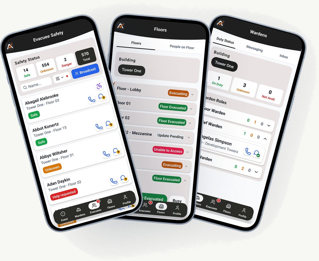 Emredi Respond on three phones, shown with sample data: the Evacuee Safety list with safe, unknown, in-danger and help-requested counts, floor-by-floor evacuation status, and the Wardens duty status screen