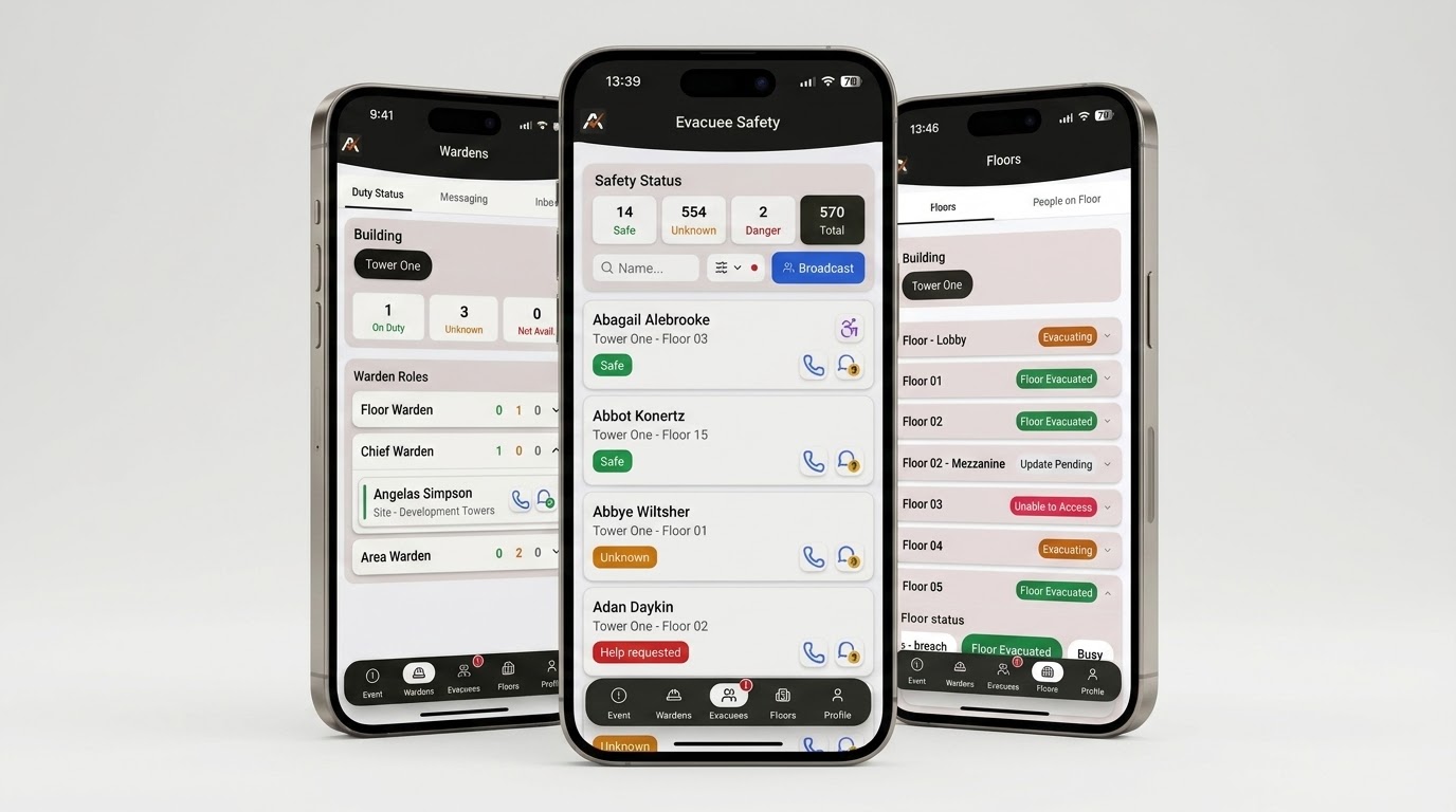 Emredi Respond app shown with sample data on three phones: the Wardens screen with duty status and warden roles, the Evacuee Safety list showing 570 occupants across Safe, Unknown, Danger and Help requested, and the Floors screen showing each floor's evacuation status