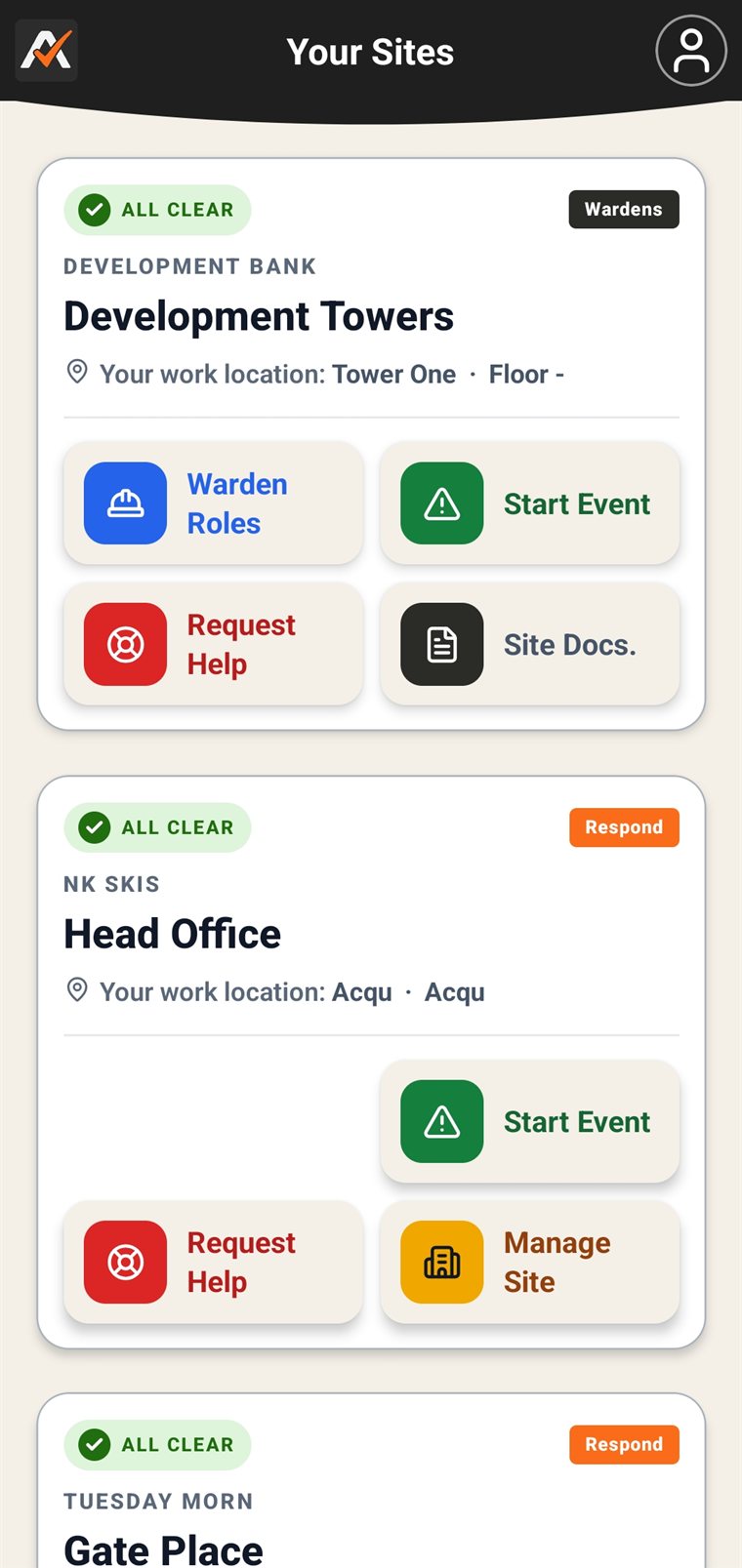 Emredi Respond app shown with sample data: the Your Sites dashboard listing sites with all-clear status, paid and free tiers, and actions to start an event, request help, view warden roles and site documents
